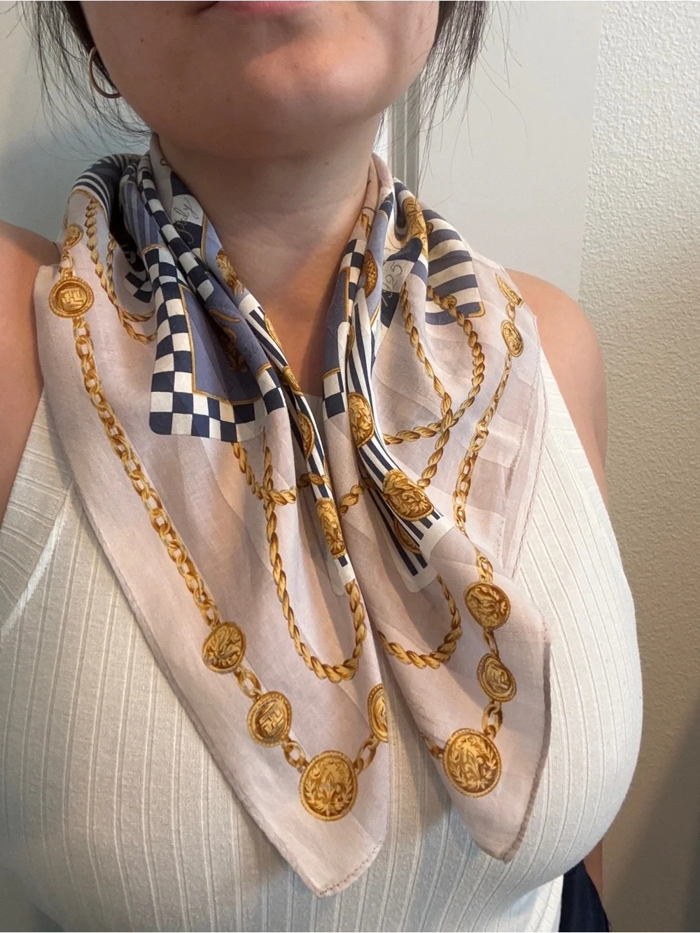 Fendi Beige, Navy & Gold Chain Motif Silk Scarf - Picture 2 of 10